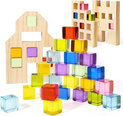 Picture of Wooden Building Blocks Set for Kids, 36 PCS Rainbow Acrylic Gem Cubes Blocks - 3 Wood House, Montessori Stacking Toy for Toddlers, Educational STEM Toys Birthday for Boys Girls 3-6