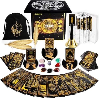 Picture of 78 Tarot Cards with Guide Book, Black Tarot Deck Gift Set with Tarot Cloth, Chakra Stones and More, Tarot Cards Deck Fortune Telling Game Craft Cardboard for Beginners and Expert Readers