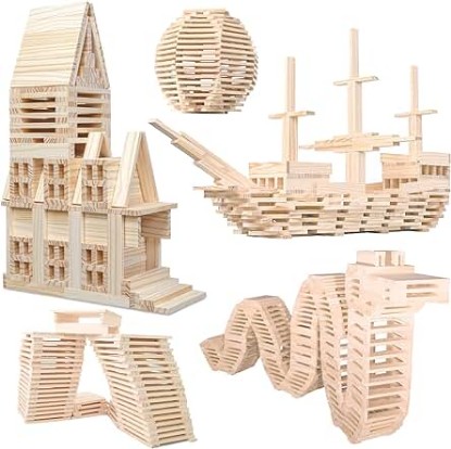 Picture of Wooden Plank Building Blocks 200PCS Sensory Toy for Kids, Montessori STEM Playset with Natural Pine Wood Creative Shapes for Educational Preschool Learning 3D Space Stacking Games for Boys Girls