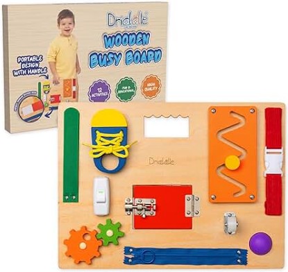 Picture of Busy Board - Wooden Montessori Activity Board for Toddlers & Kids - 12 Educational Sensory Toys to Learn Basic Life Skills & Develop Fine Motor Skills + Baby Mirror