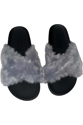 Picture of Victoria's Secret Pink Faux Fur Crisscross Slides Color Gray/Black Size Small New