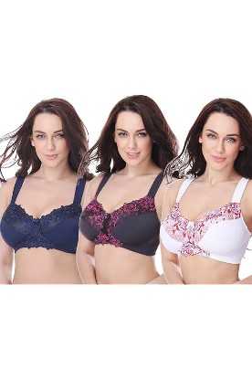 Picture of Curve Muse Plus Size Minimizer Unlined Wireless Bra with Lace Embroidery-3Pack