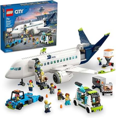 Picture of LEGO City Passenger Airplane 60367 Building Toy Set; Fun Airplane STEM Toy for Kids with a Large Airplane, Passenger Bus, Luggage Truck, Container Loader, and 9 Minifigures