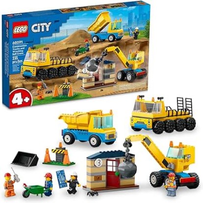 Picture of LEGO City Construction Trucks and Wrecking Ball Crane 60391 Building Toy Set for Toddler Kids Ages 4+, Includes 3 Construction Vehicles, an Abandoned House and 3 Minifigures for Pretend Play