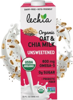 Picture of Organic Oat & Chia Milk, Zero Sugar, Oat Milk, with 800mg OMEGA-3 and Prebiotic Fiber, Vegan, Dairy Free, Gluten Free, Plant Based, Lactose Free, Non-GMO, Shelf-Stable, Low Carb, Keto, Soy Free, Kosher, Lechia, 32oz (6 Pack)