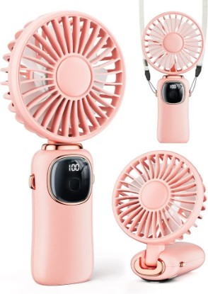 Picture of Portable Handheld Fan, 4000mAh Battery Operated Fan with LED Display, Handheld/Neck/Desk 3 in 1 Personal Small Fan, 90° Foldable Desk Fan with Base, 5 Speed Lash Fan Makeup Fan for Women