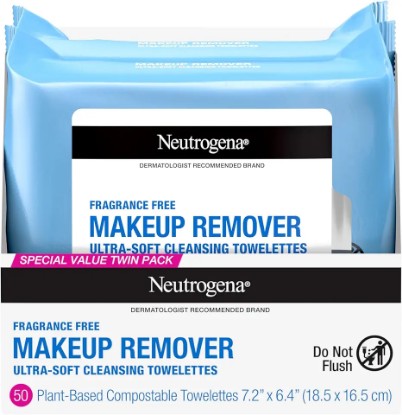 Picture of Neutrogena Cleansing Fragrance Free Makeup Remover Face Wipes, Cleansing Facial Towelettes for Waterproof Makeup, Alcohol-Free, Unscented, 100% Plant-Based Fibers, Twin Pack, 2 x 25 ct