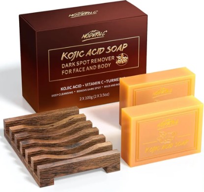 Picture of Kojic Acid Soap Dark Spot Remover Turmeric Soap for Face and Body Even out Tone Skin Vitamins C Soap for Acne Blackheads Christmas Gifts 2x100g Soaps 1pc Mesh Soap Pouch and Wooden Soap Holder