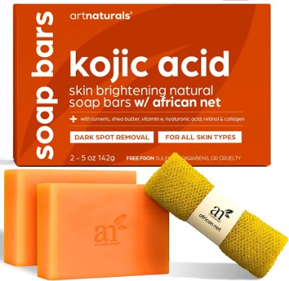 Picture of Kojic Acid Soap + African Net Sponge (2 pack X 142g Turmeric bars) Dark spot remover, Hyperpigmentation & Scars - Original Japanese Complex Vitamin C, Hyaluronic Acid, retinol, shea butter (Citrus)