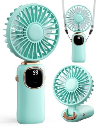 Picture of Portable Handheld Fan, 4000mAh Battery Operated Fan with LED Display, Handheld/Neck/Desk 3 in 1 Personal Small Fan, 90° Foldable Desk Fan with Base, 5 Speed Lash Fan Makeup Fan for Women Green