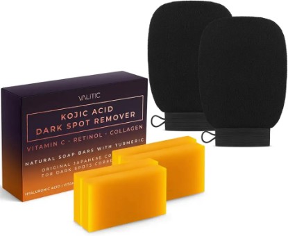 Picture of Valitic 4 Pack Kojic Acid Dark Spot Corrector Soap Bars with Vitamin C, Retinol, Collagen, Turmeric - Original Japanese Complex with Hyaluronic Acid & A Pair of Black Exfoliating Gloves for Body Scrub