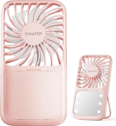 Picture of Gaiatop Handheld Mini Fan, 3 Speed Portable Lash Fan Makeup Mirror with LED Light, 2000mAh USB Rechargeable Personal Desk Fan with Stand, Small Hand Fan for Outdoor Travel Gifts for Women Girls Pink