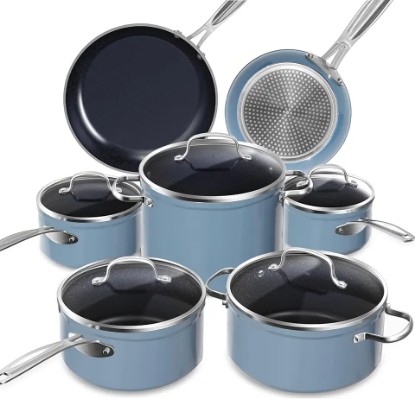 Picture of Nuwave Healthy Duralon Blue Ceramic Nonstick Cookware Set, Diamond Infused Scratch-Resistant, PFAS Free, Dishwasher & Oven Safe, Induction Ready & Evenly Heats, Tempered Glass Lids & Stay-Cool Handles
