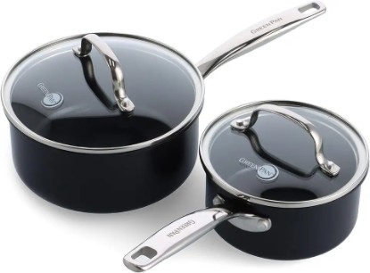 Picture of GreenPan Prime Chatham 1QT & 2QT Saucepan Pot Set with Glass Lids, Hard Anodized Diamond Infused Ceramic Nonstick, PFAS-Free, Dishwasher Safe, Oven Safe, Multipurpose Chefs Pan, Stay-Cool Handle,Black