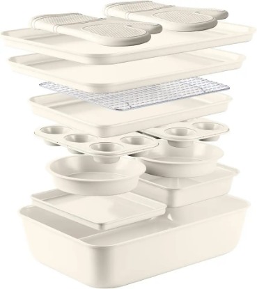 Picture of Country Kitchen Nonstick Stackable Bakeware Set - Durable, Easy Release Baking Set, Cream, 13 Pcs