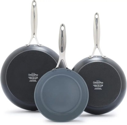 Picture of GreenPan Valencia Pro Hard Anodized 3 Piece Fry Pan Skillet Set, Ceramic Nonstick 8" 9.5" and 11" Induction Suitable Frying Pans, PFAS-Free Cookware, Dishwasher Safe, Oven and Broiler Safe, Gray Cradle to Cradle Certified