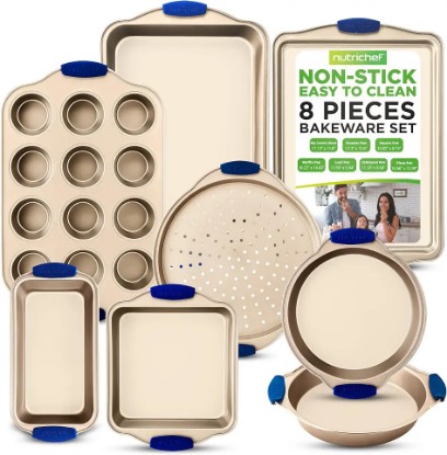 Picture of NutriChef 8-Piece Nonstick Bakeware Set - Heavy Duty Carbon Steel Baking Pans w/ Blue Silicone Handles - Pizza Crisper, Muffin & Loaf Pan, Round & Square Pans, Cookie Sheet - Easy Release & Clean