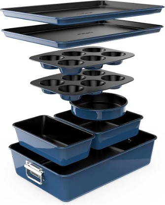 Picture of NutriChef 8-Piece Nonstick Stackable Bakeware Set - PFOA, PFOS, PTFE Free Baking Tray Set w/Non-Stick Coating, 450°F Oven Safe, Round Cake, Loaf, Muffin, Wide/Square Pans, Cookie Sheet (Blue)