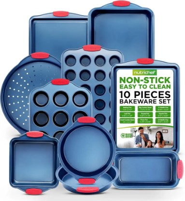 Picture of NutriChef 10-Piece Nonstick Bakeware Set - Premium Carbon Steel Baking Pans w/Silicone Handles - Includes Pizza Tray, 12 & 24 Cup Muffin Pans, Cookie Sheets, Round & Square Pans, Loaf Pan - Blue