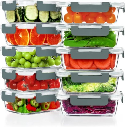 Picture of VERONES 10 Pack 22 OZ Glass Meal Prep Containers, Airtight Glass Lunch Containers Set, Glass Food Storage Containers with Lids,Exclusive of BPA, for Microwave, Oven, Freezer & Dishwasher Friendly,Grey