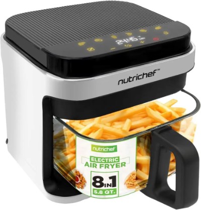 Picture of Nutrichef 5.8 Quart Air Fryer | 8-1 Preset Cook Modes | Transparent Fry Bowl for Best Cooking Results | Cook Shrimp, Steak, Fries, Wings, Chicken & More | Precise Temperature Control & Time | White