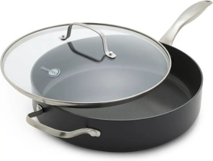 Picture of GreenPan Canterbury 5QT Sauté Pan with Lid, Hard Anodized Healthy Ceramic Nonstick, PFAS & PFOA-Free, Stainless Steel Handle, Metal Utensil Safe, Dishwasher Safe, Oven Safe, Black