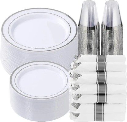 Picture of Goodluck 350 Piece Silver Plastic Dinnerware Set for 50 Guests, Fancy Disposable Plates for Party, Include: 50 Dinner Plates, 50 Dessert Plates, 50 Pre Rolled Napkins with Silver Silverware, 50 Cups