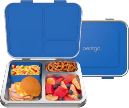 Picture of Bentgo Kids Stainless Steel Leak-Resistant Lunch Box - 3-Compartments with Bonus Silicone Container, Durable, Eco-Friendly, Dishwasher Safe, BPA-Free, Ideal for School, Ages 3+ (Blue)