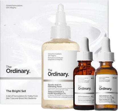 Picture of The Ordinary The Bright Set, 3-Step Regimen for Radiant, Even Skin Tone with Glycolic Acid 7% Exfoliating Toner, Alpha Arbutin 2% + HA, and Caffeine Solution 5% + EGCG | Skin Care Set