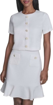 Picture of KARL LAGERFELD Women's Short Sleeve Crew Neck Faux Tweed a Line Dress