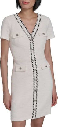 Picture of KARL LAGERFELD Women's Short Sleeve V-Neck Embellished Tweed Sheath Mini Dress