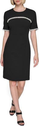 Picture of KARL LAGERFELD Women's Pearl Trim Short Sleeve Round Neck Sheath Dress