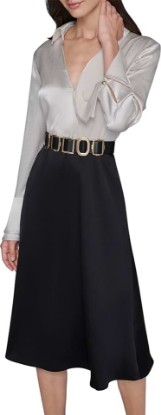 Picture of KARL LAGERFELD Women's Long Sleeve Crinkle Poly Satin Novelty Belt Midi Shirt Dress