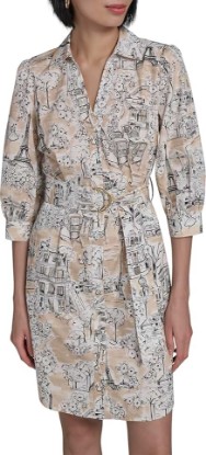 Picture of KARL LAGERFELD Women's 3/4 Sleeve Collared Belted Cotton Mini Shirtdress