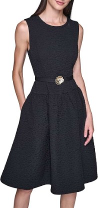 Picture of KARL LAGERFELD Women's Sleeveless Crew Neck Flower Belt Floral Stretch Jacquard A-line Dress