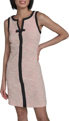 Picture of KARL LAGERFELD Women's Sleeveless Split Neck Contrast Trim A-line Mini Dress with Bow Detail