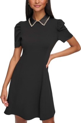 Picture of KARL LAGERFELD Women's Short Puff Sleeve Embellished Collar A-line Mini Dress