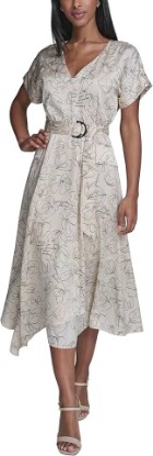 Picture of KARL LAGERFELD Women's Short Sleeve V-Neck Hanky Hem Belted Satin Midi Dress