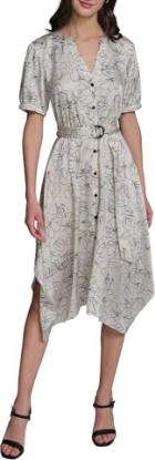 Picture of KARL LAGERFELD Women's Short Puffed Sleeve V-Neck Hanky Hem Belted Midi Dress