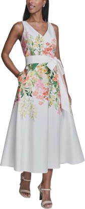 Picture of KARL LAGERFELD Women's Sleeveless V-Neck Cotton Sateen Midi Placement Floral Dress