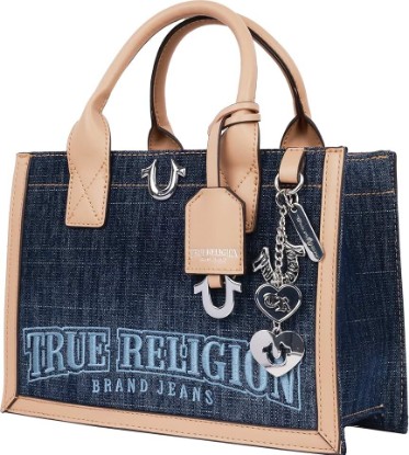 Picture of True Religion Denim Tote Bag, Bombe Logo Shoulder Carryall with Horseshoe Hardware and Strap Hand Bag, Dark Denim