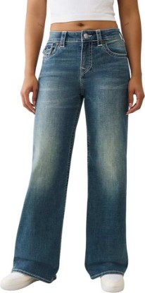 Picture of True Religion Bobbi Baggy Jeans | Women's Wide Leg Denim with Distressed Hem, & Flap Pockets