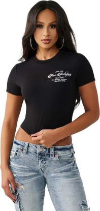 Picture of True Religion Women’s Crystal Buddha Baby Tee – Cropped Cotton Stretch T-Shirt with Rhinestone Back Logo