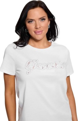 Picture of GUESS Women's Eco Short Sleeve Script Lace Logo Easy Tee