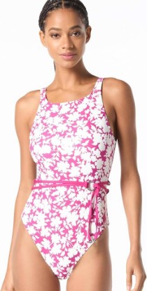 Picture of Michael Kors Womens Monotone Floral Highneck Belted One Piece