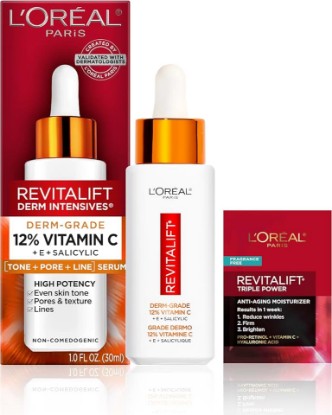 Picture of L'Oreal Paris Revitalift 12% Pure Vitamin C Serum, Brightening Serum For Face with Vitamin E, Salicylic Acid, 1 oz + Moisturizer Sample