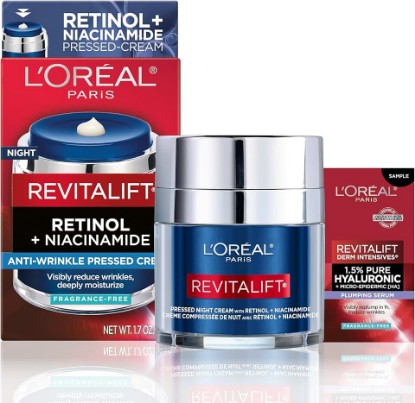 Picture of L'Oreal Paris Revitalift Pressed Night Cream, Retinol + Niacinamide, Reduces Wrinkles, Fragrance Free, 1.7 oz + Serum Sample
