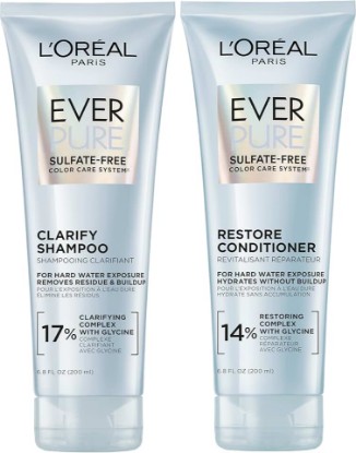 Picture of L'Oreal Paris Clarify and Restore Sulfate Free Shampoo and Conditioner Set with Antioxidants for Hard Water Exposure and Styling Build-up, EverPure, 1 Hair Care Kit
