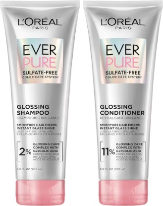 Picture of L'Oreal Paris Glossing Sulfate Free Shampoo and Conditioner Set with Glycolic Acid, Hair Care for Lasting Shine and Smoothness for Dull, Dry Hair, EverPure, 1 Kit