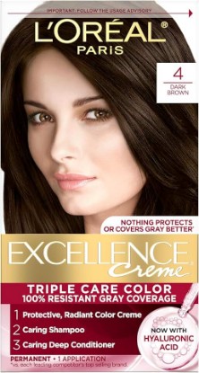 Picture of L'Oreal Paris Excellence Crème Permanent Hair Dye, Triple Care Hair Color with Hyaluronic Acid for 100% Gray Coverage, 4 Dark Brown, 1 Kit (Packaging May Vary)